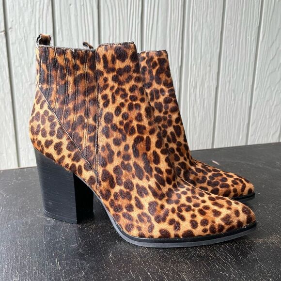 Marc Fisher LTD Calf Hair Leopard Print Heeled Ankle Boots 9M - Picture 1 of 11